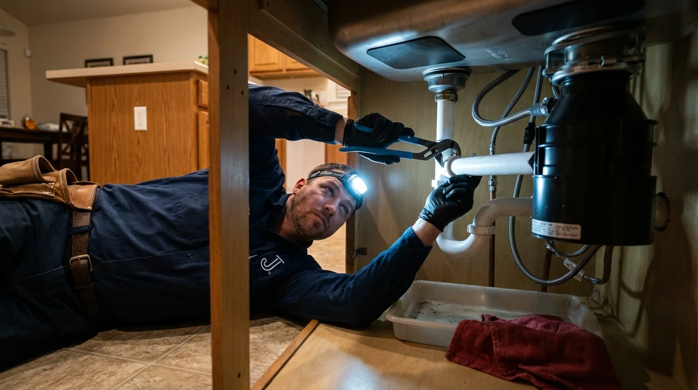 P-trap and supply line connections under a kitchen sink showing a common leak point in Monticello, UT